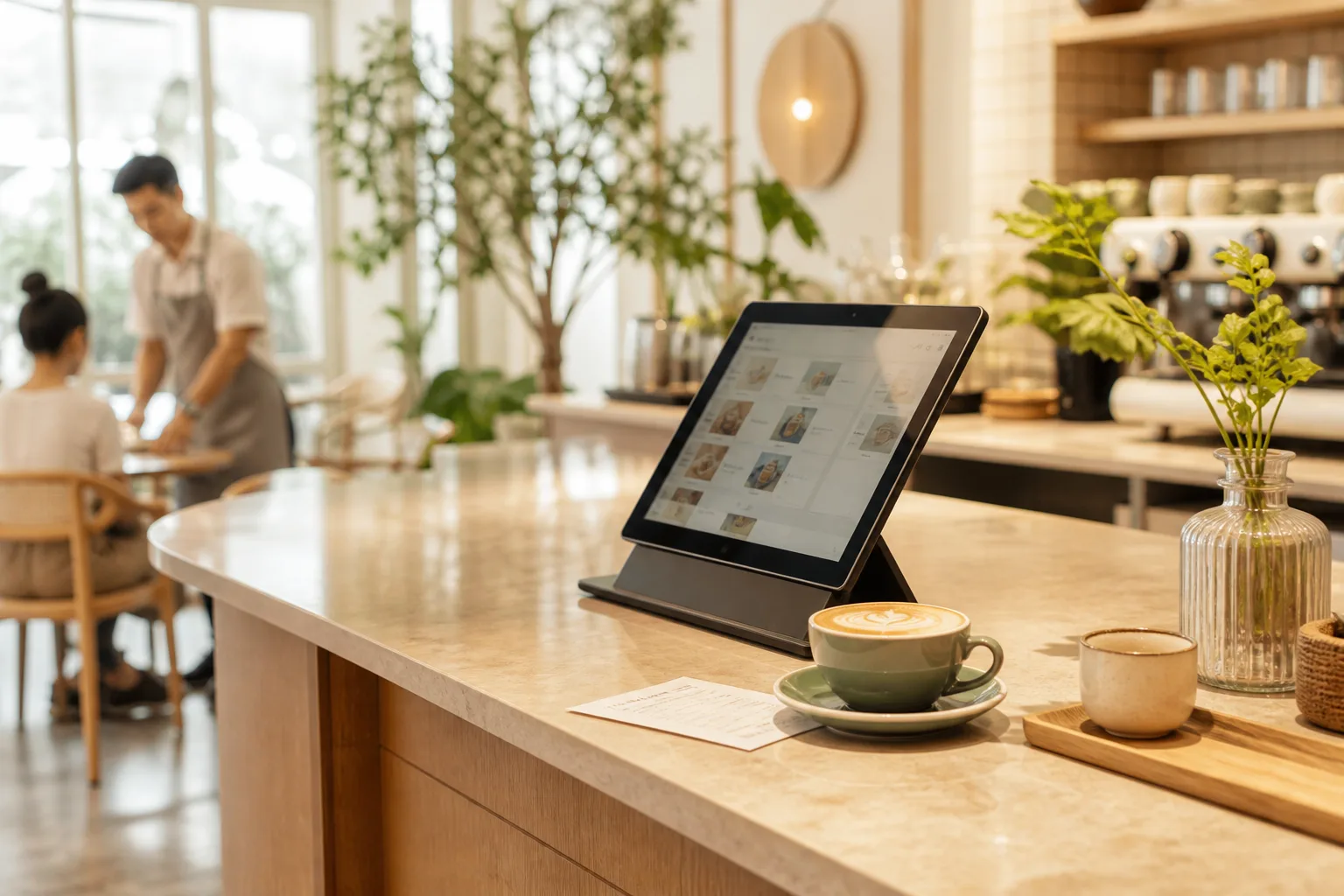 Ảnh quầy cafe buổi sáng với máy POS, ly cà phê và phiếu order